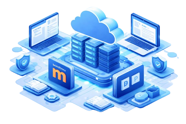 Digital illustration showing laptops and monitors displaying Moodle and Pressbooks logos against a blue technology background with cloud storage servers, network icons, and security shields, representing professional managed hosting infrastructure for educational platforms