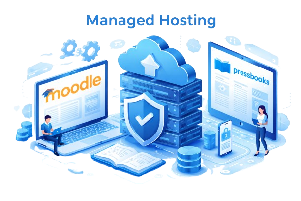 Digital illustration showing laptops and monitors displaying Moodle and Pressbooks logos against a blue technology background with cloud storage servers, network icons, and security shields, representing professional managed hosting infrastructure for educational platforms